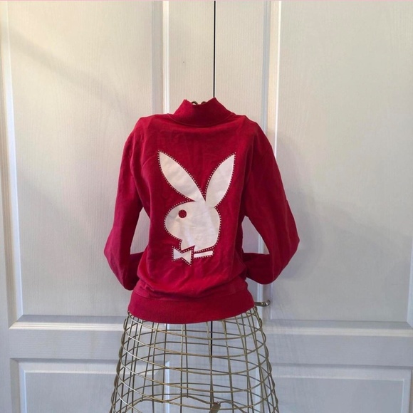 Y2k Red rhinestone Playboy zip-up sweatshirt size Large - Picture 2 of 4